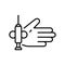 People microchipping icon. Linear logo of hand, syringe, body chip implant. Black illustration of human palm with microchip under