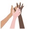 People multi ethnic hands holding together, friendly team work at meeting. Editable each hands is in separate layer. Vector