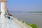 People near Taj Mahal and view on Yamuna River from Taj Mahal in Agra. India