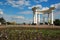 People near white rotunda in Poltava city, Ukraine