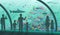 People in the oceanarium. Parents and children look at ocean fish and marine inhabitants. A variety of underwater flora and fauna