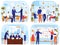 People at office business meeting brainstorming vector illustration flat set, cartoon businessman leaders shake hands