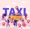 People Ordering Taxi Using Application and Catching on Street Concept. Male and Female Passengers Characters Stand near Yellow Car