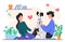 People owner with dog vector illustration, cartoon flat happy young man woman hugs doggy, couple characters spend time