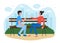 People in park flat vector illustration, cartoon happy young friends or couple characters sitting on bench in city