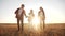 People in the park. happy family silhouette walk at sunset. mom dad and daughters walk a holding hands in park. happy