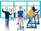 People, pensioner in the gym. training on simulators. In minimalist style Cartoon flat Vector