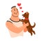 People and pet. Dog pet owner character. Man holding on hands his dog. Man love his animal. Cute and adorable domestic