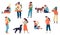 People with pets. Animals and happy loving owners, men and women characters hugging and playing with dog, cat, parrot