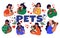 People and pets banner. Little persons holding dogs. Girl and boy love home animal, happy child smile, cute tidy