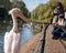 People photograph colourful pink pelican with long beak, by the lake in St James\'s Park, London UK.