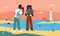 People photographing nature sea landscape vector illustration, cartoon flat lover couple tourist characters taking