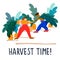 People picking giant carrot. Vector illustration in flat style. Harvesting concept. Agritourism concept