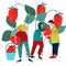 People picking strawberries vector illustration in abstract flat style. Harvesting concept. Agritourism concept