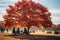 People picnic under the tree at park in autumn season. Generative AI