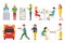People in a Pizzeria interior flat icons set. Deliveryman, Customers, Bistro, Waiters, Delivery, Car. Pizza concept web