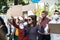 People with placards and amplifier on global strike for climate change.