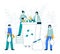 People plastic waste sorting, plastic recycling flat concept. Characters collecting trash into trash can outline flat vector