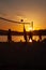 People play volleyball on the beach during the sunset