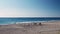 People playing beach volleyball on sandy beach near sea. Friends play sport active game with ball on tropical beach at sunny summe