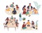 People playing board games, vector illustration. Families, friends sitting at table, on the floor spending time together