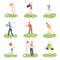 People Playing Golf Set, Male and Female Golfer Players Training with Golf Clubs on Course with Green Grass, Outdoor