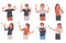 People pointing to something. Characters indicating and pointing with index finger, people pointing side, up and down flat vector