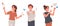 People pointing up. Character indicating and pointing with index finger, cheerful man and woman pointing up flat vector