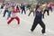 People practice tai chi chuan gymnastics in Beijing, China.