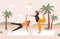 People practice yoga on beach vector illustration, cartoon happy young family or couple characters doing yoga exercises