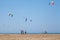 People practicing Kitesurfing. Beach on the Prasonisi.