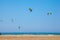 People practicing Kitesurfing. Beach on the Prasonisi.