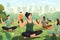 People practicing yoga in the park. Vector illustration in cartoon style, A group of people with different physical abilities