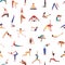 People practicing yoga vector seamless pattern. Yogis, athletes, men and women doing exercises texture. Sportsmen in