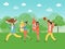 People preparing barbecue. BBQ party concept. People grilling meat on backyard vector illustration. Tiny people carrying