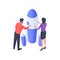 People preparing to launch rocket isometric illustration. Male and female characters inspect blue spacecraft with white