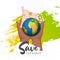 People protecting ecology earth globe together on green and yellow brush stroke background.