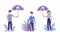 People protection set. Human life and health insurance. Umbrella and shield protecting them against accidents flat