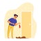 People in quarrel vector illustration, cartoon angry owner man character scolding sad dog pet for damage to home thing