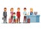 People queue in airport at registration desk. Vacation and travel vector concept