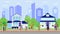People in rain with umbrellas on street near home houses vector illustration banner.