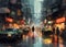 people in a rainy street in a futuristic asian city at night with illuminated shop signs