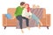 People in relationship sitting on sofa with their cat. Man and woman together relaxing on the couch