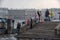 People relax on the Neva River