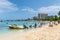 People relax on the Ocho Rios Bay Beach in Ocho Rios, Jamaica