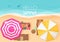 People relaxing by the ocean with hello summer words. Vector illustration. Exotic summer vacation top view.