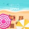 People relaxing by the ocean with hello summer words. Vector illustration. Exotic summer vacation top view banner