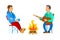 People Relaxing Outdoor, Men near Bonfire Vector