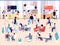 People in restaurant. Men and women eating meal in cafe buffet. Families having lunch in food court interior vector