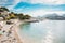 People resting at beach in Cassis, France.